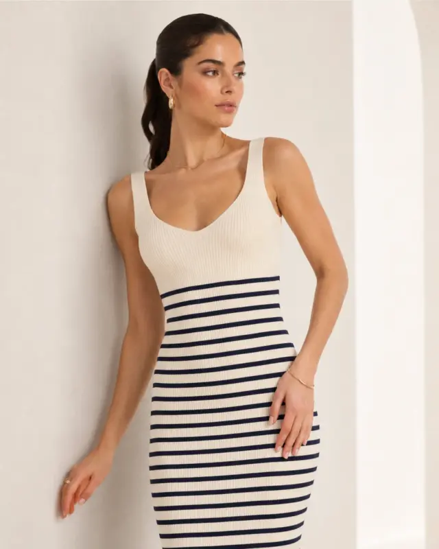 Pretty Lavish Maria MARSKDRECAN Knit Φόρεμα Midaxi Cream & Navy - XS 3