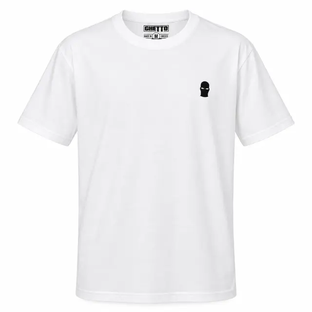Ghetto White T-Shirt with Black Balaclava Logo