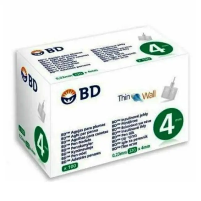 BD Thin Wall Αποστειρωμένες Βελόνες για Πένες Ινσουλίνης 4mm x 0.23mm (32G) 100τμχ