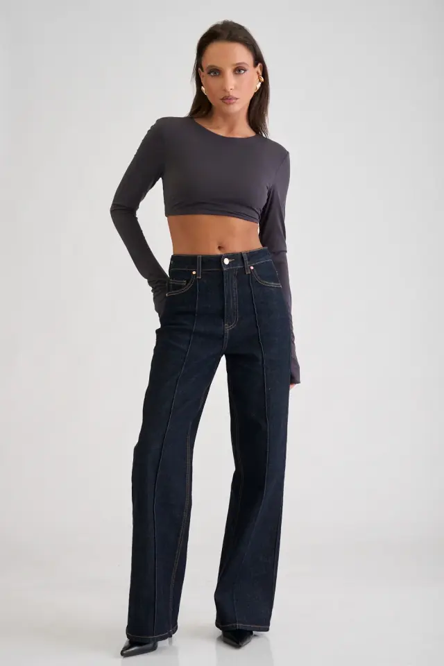 Μπλούζα crop top με μακριά μανίκια και ανοιχτή πλάτη - Ανθρακί - ONESIZE 2
