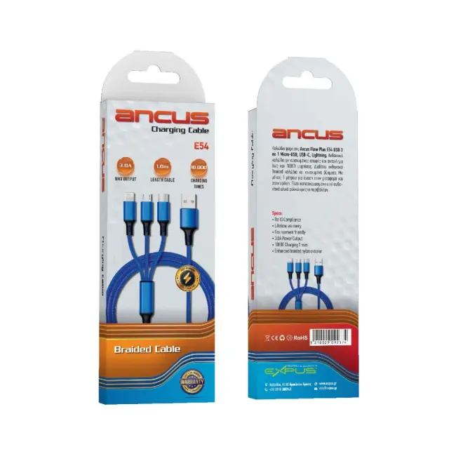 Καλώδιο Φόρτισης Ancus Flow Plus E54 USB 3 σε 1 Micro-USB, USB-C, Lightning 2.0A με Braided Καλώδιο Μπλε 1m. Με 5 Χρονια Εγγύηση