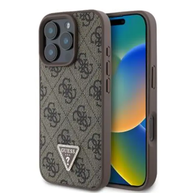 Guess PU 4G Strass Triangle Metal Logo Case for iPhone 16 Pro Max Brown