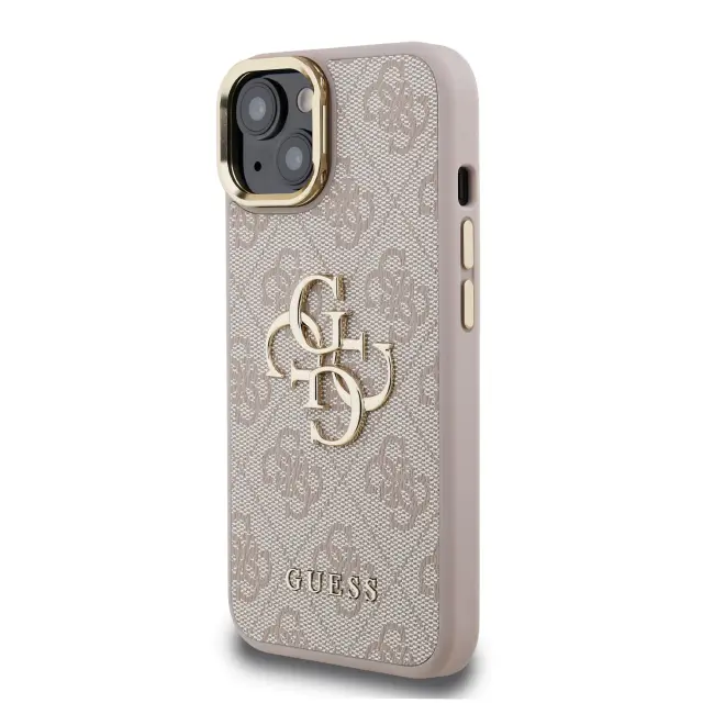 Guess PU 4G Metal Logo Stand Camera Frame Case for iPhone 15 Pink 2