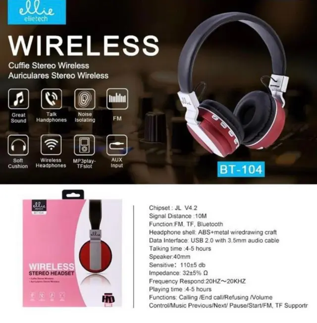 Ασύρματα On-ear Ακουστικά Ellietech BT104 Κόκκινα 2