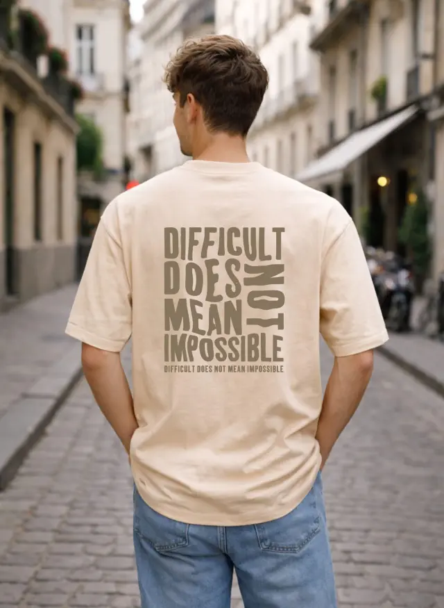 T-shirt Noshame® Oversized Μπεζ με τύπωμα Difficult Does Not Mean Impossible - 142670 - XXL