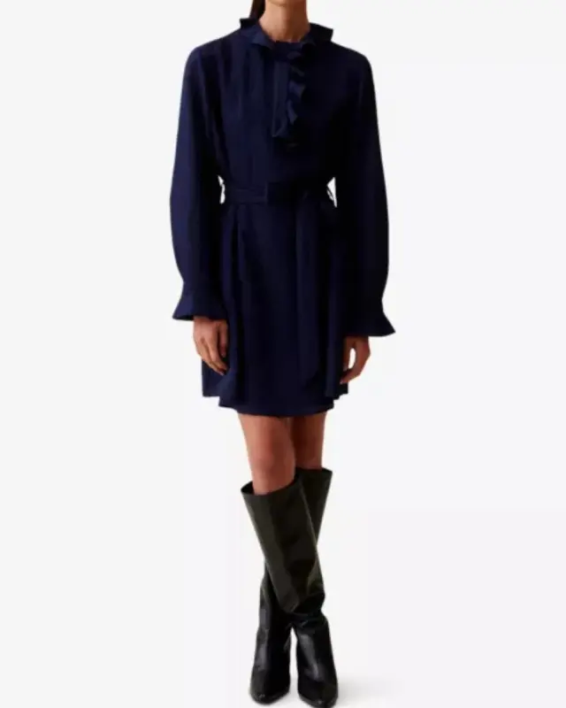 Claudie Pierlot Γυναικείο Ριγέ Φόρεμα Navy με Βολάν & Ζώνη - S 3