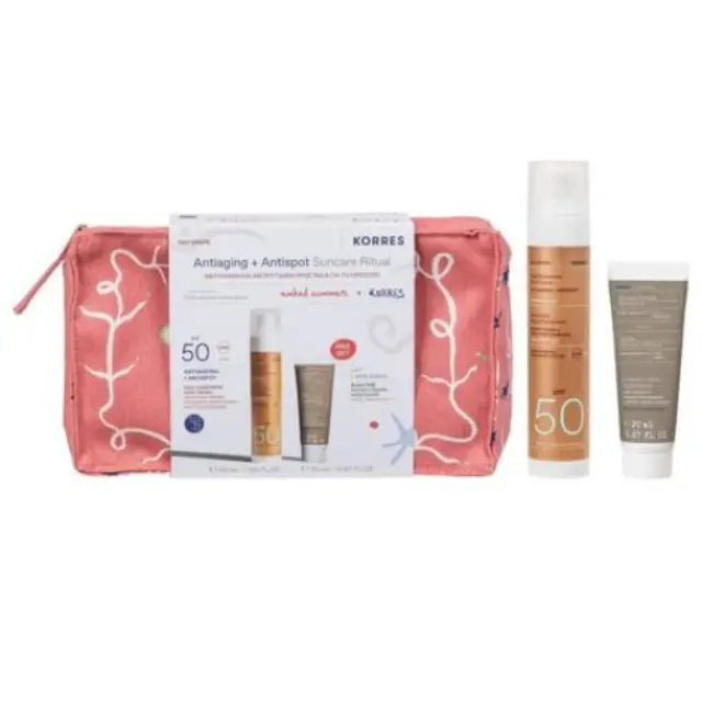 Korres Promo Antiaging & Antispot Suncare Ritual Αντηλιακή & Αντιρυτιδική Προστασία με Red Grape Αντηλιακή Κρέμα Προσώπου SPF50, 50ml, Black Pine Κρέμα Ημέρας για Σύσφιξη & Lifting, 20ml & Δώρο Naked Summers x Korres Νεσεσέρ, 1τεμ, 1σετ 3