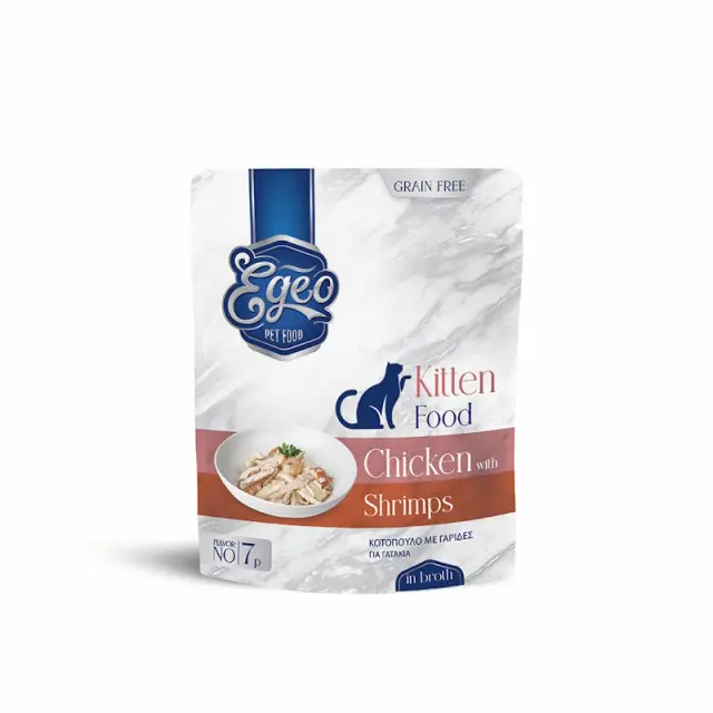 Egeo Υγρή Τροφή Γάτας Φακελάκι Kitten με Κοτόπουλο & Γαρίδα σε Ζωμό 85gr Μονόχρωμο