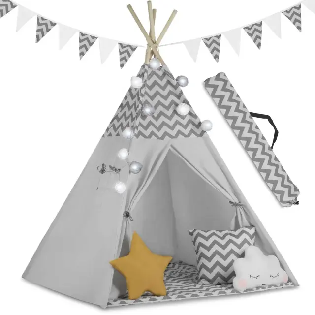 Nukido Παιδική σκηνή Teepee με γιρλάντα και φως σε γκρι χρώμα με μοτίβο σύννεφο και αστέρι 120x120x165cm
