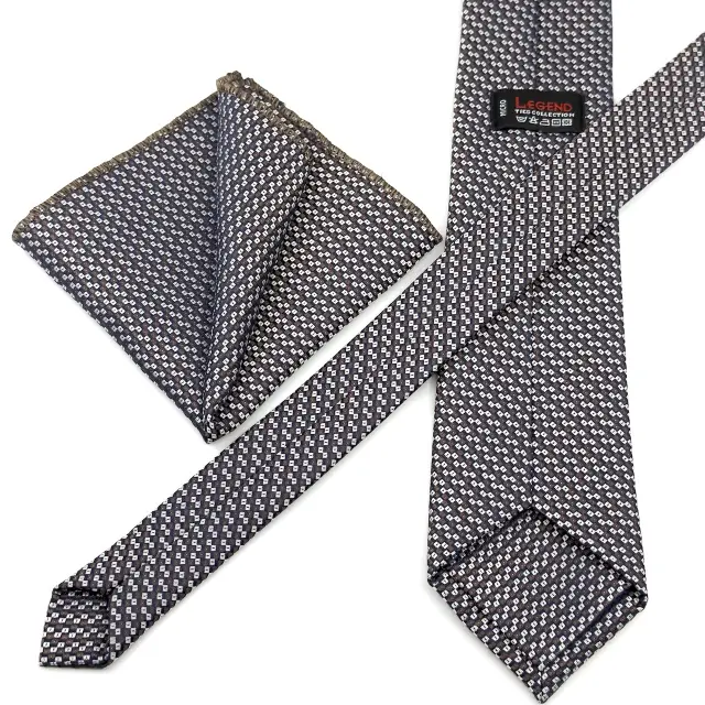 Γραβάτα Microfiber σε Καφέ Μοτίβο Σετ με Μαντηλάκι 3
