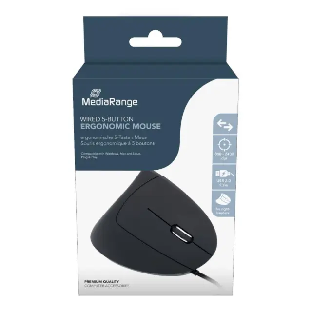 MediaRange Corded ergonomic 6-button optical mouse for right-handers (Black, Wired) (MROS230)