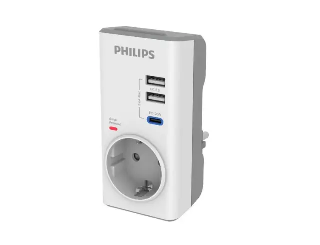 Μονόπριζο Ασφαλείας Philips CHP8010W/GRS - 1x Schuko - 2x USB-A, 1x USB-C - Προστασία Υπέρτασης - ΛευκόCHP8010W/GRS
