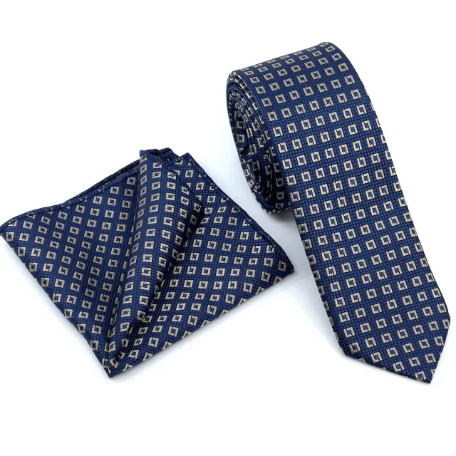 Μπλε - Ταμπά Καρό Γραβάτα Microfiber Σετ με Μαντήλι Σχέδιο 152 2