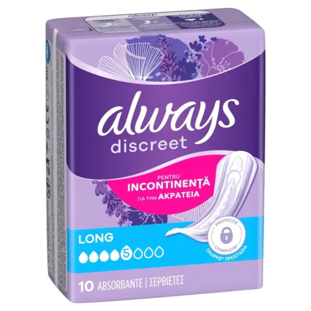 Always Discreet Long Γυναικείες Σερβιέτες Ακράτειας Κανονικής Ροής 4 Σταγόνες 10τμχ