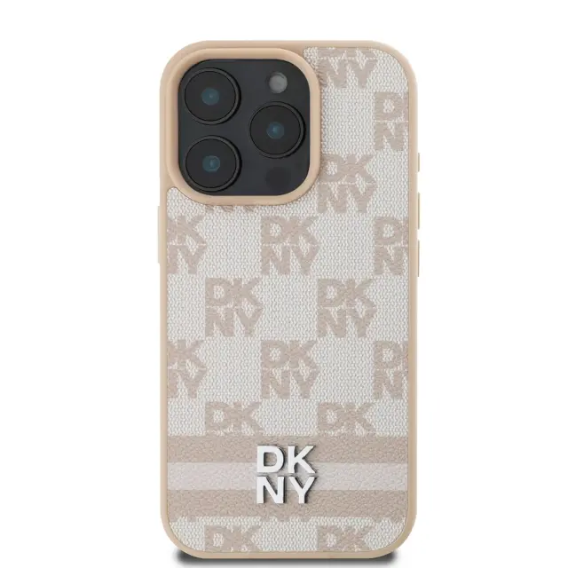 DKNY PU Leather Checkered Pattern and Stripe Case for iPhone 16 Pro Pink 2