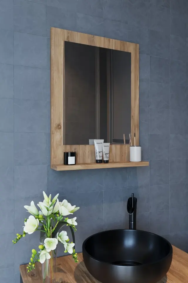 Stewehome Καθρέφτης Μπάνιου με Ράφι Ξύλου Δρυός 45x10x60 cm 2
