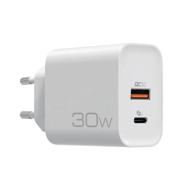 Universal οικιακός φορτιστής USB-A QC3.0 & USB-C PD3.0 30W, σε λευκό χρώμα.