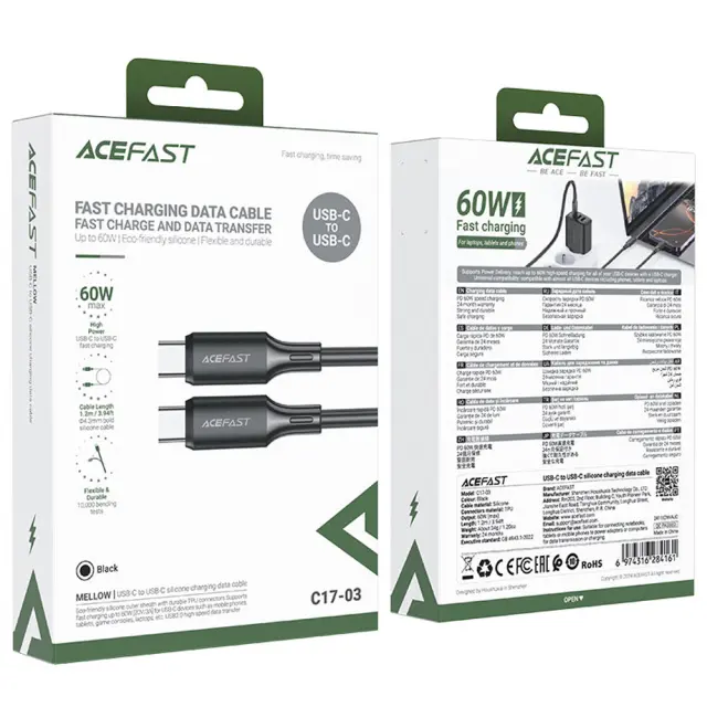 Καλώδιο Σύνδεσης Acefast C17-03 USB-C σε USB-C PD60W 3A Fast Charge USB2.0 Silicon Μαύρο 1.2m. 2