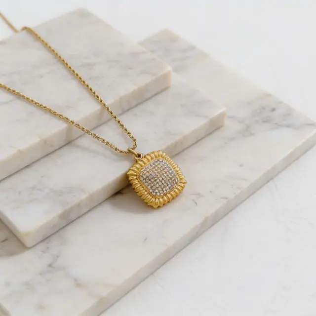Gold Square Pendant Necklace with Zircons