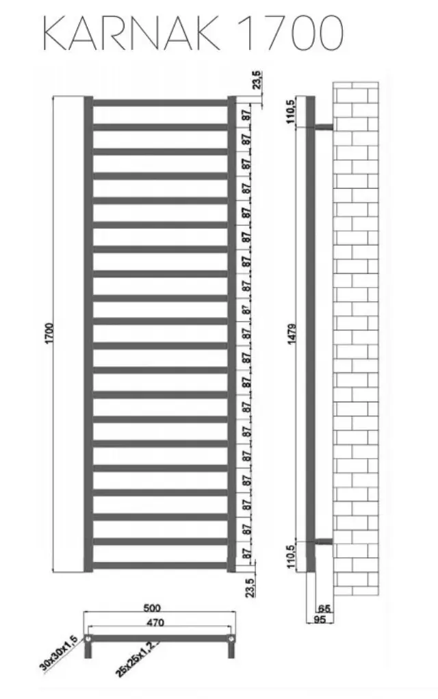 Θερμαντικό σώμα μπάνιου Black Matt KARNAK 1700 KARAG 8,5x50x170cm 2