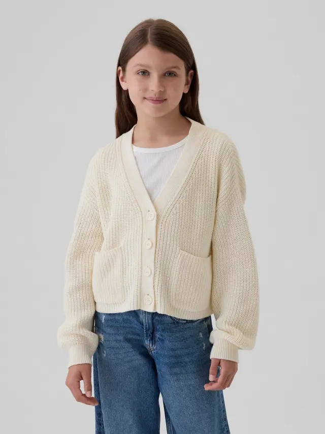 Μπεζ Παιδική Shaker-Stitch Cropped Πλεκτή Ζακέτα ivory frost