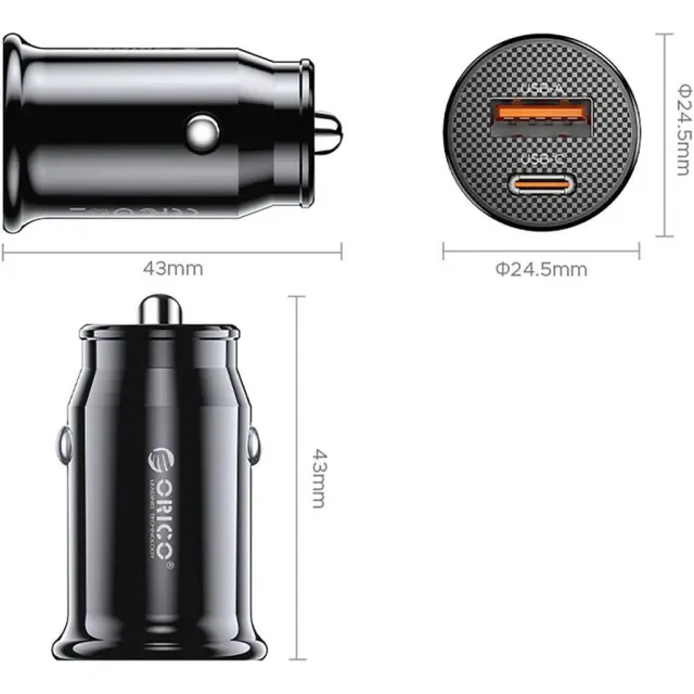 Orico® PowerMini Φορτιστής Αυτοκινήτου με 1xUSB-A και 1xUSB-C 30W- Black 3