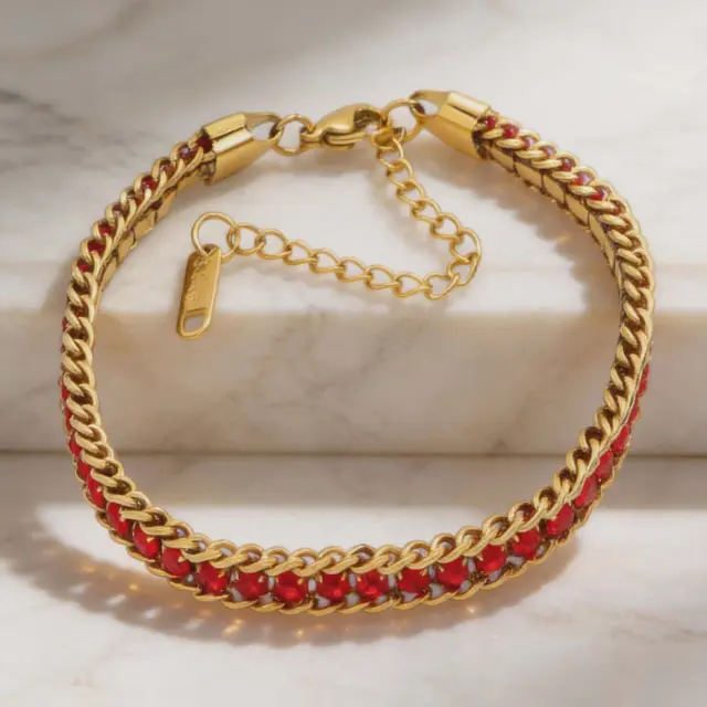 Gold Cuban Chain Bracelet with Red Crystals