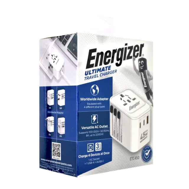 Παγκόσμιος Φορτιστής Ταξιδίου Energizer ETC650 US/AU UK EU με 1xUSB-A QC 30W και 2xUSB-C PD65W GaN Λευκός 2