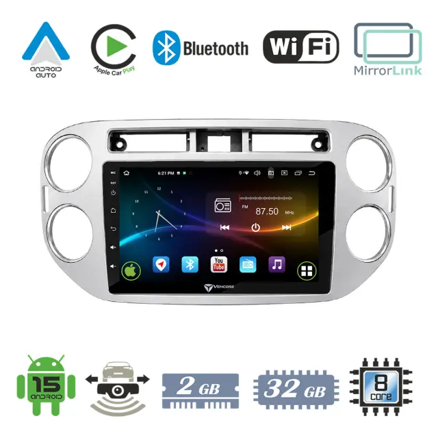VenCore Οθόνη Multimedia Android 15 9" 9109A MTK6762 Octa-Core 2GB/32GB IPS με Πρόσοψη, CarPlay, Android Auto και Υποστήριξη Κάμερας Οπισθοπορείας AHD για VW Tiguan 2008-2016 – Γκρι (3236-10007-0639G)