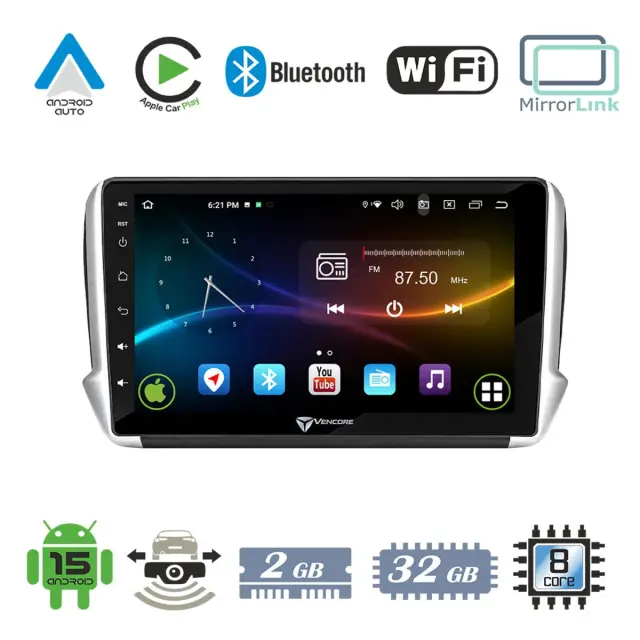 VenCore Οθόνη Multimedia Android 15 10.1" 9109A MTK6762 Octa-Core 2GB/32GB IPS με Πρόσοψη, CarPlay, Android Auto και Υποστήριξη Κάμερας Οπισθοπορείας AHD για Peugeot 208/2008 2012-2016 – Μαύρη (3236-10008-0164B)