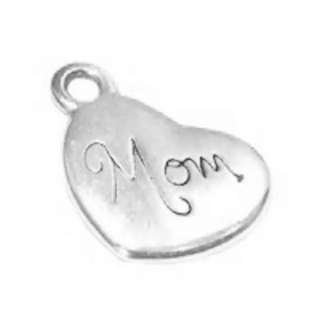 Μεταλλικό Χυτό Μοτίφ Καρδιά "Mom", 999° Silver Antique Plated, 14mm - 4τεμ