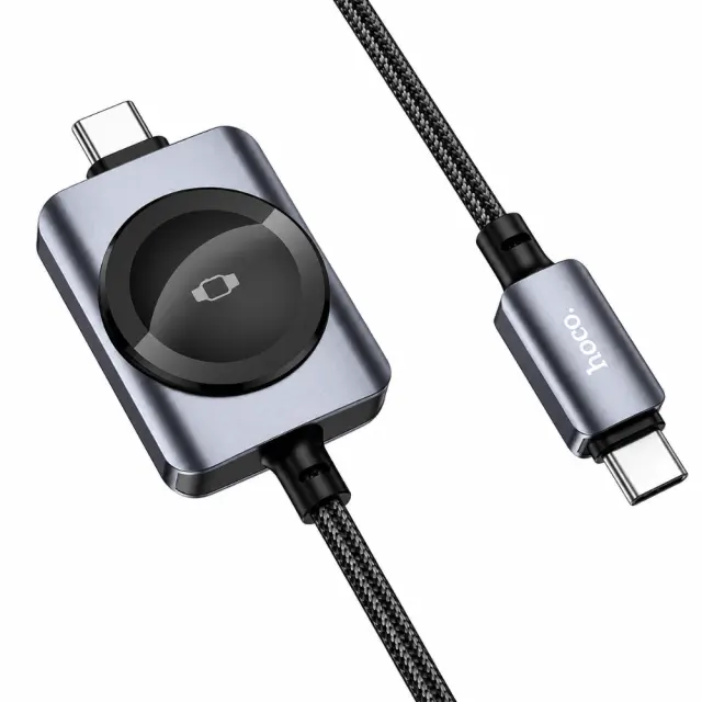 Καλώδιο Σύνδεσης 2 σε 1 Hoco CW66 USB-C σε USB-C PD100W 3A Γρήγορης Φόρτισης με Ασύρματο Φορτιστή Apple Watch 2.5W Braided Μαύρο 1.2m