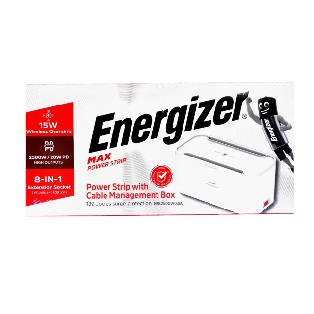 Επιτραπέζιος Φορτιστής Box Energizer EPB2500W03EU 2500W 10A Max με 5xΣούκο + 1xUSB-C PD20W + 2xUSB-A 18W QC3.0 / 2.4A, Ασύρματη Φόρτιση 15W, Διακόπτη Ασφαλείας On/Off Καλώδιο 2m Λευκός 2