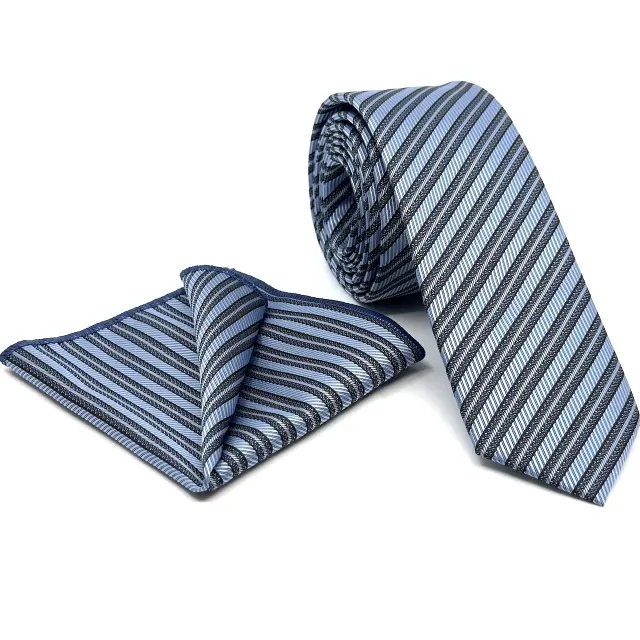 Μπλε Ραφ Ριγέ Γραβάτα Microfiber Σετ με Μαντήλι