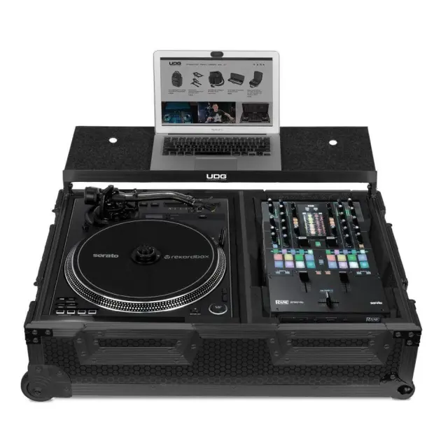 UDG U91100BL Ultimate Flight Case Single Turntable Battle/ PLX-CRSS12 & 10/12 Mixer Black Plus (Laptop Shelf, Trolley & Wheels)