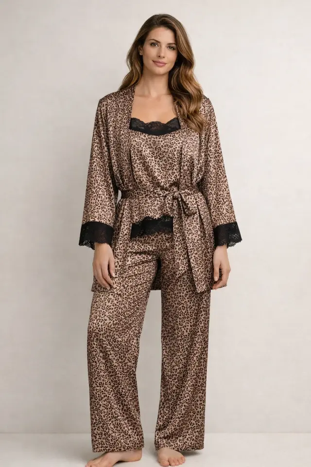 Lida Σετ 3 TMX Πιτζάμα Σατέν Animal Print Black Lace