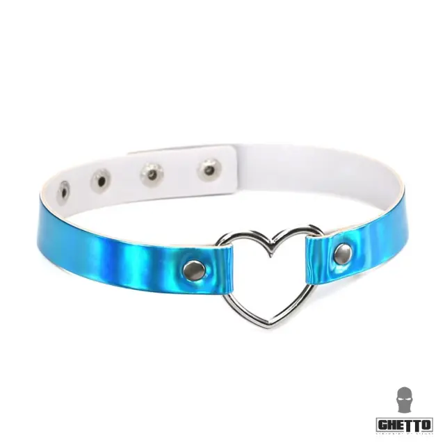 Ghetto Punk Color Leather Heart Choker Necklace Light Blue