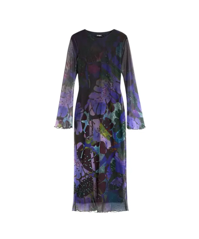Desigual - Γυναικείο Μακρύ Τούλινο Φόρεμα Leafs 26WWVW24-4092 Μπλε/Μωβ