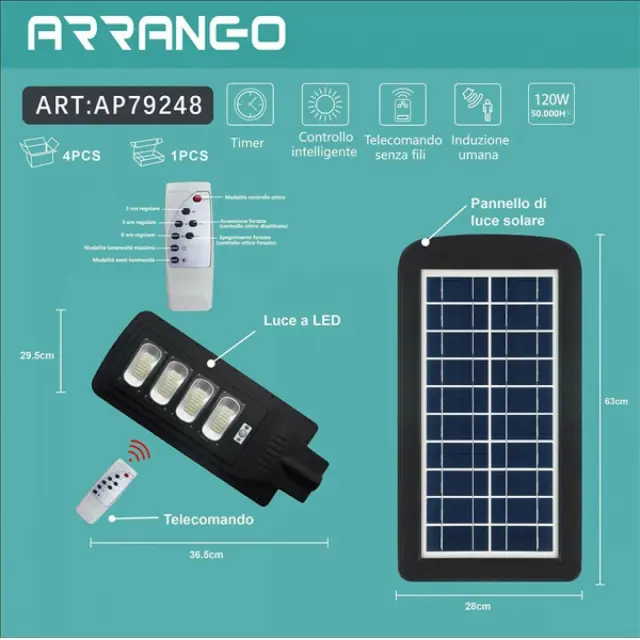 Arrango Στεγανό Ηλιακό Φωτιστικό Δρόμου IP65 με Ανιχνευτή Κίνησης σε Μαύρο Χρώμα AP79248 2