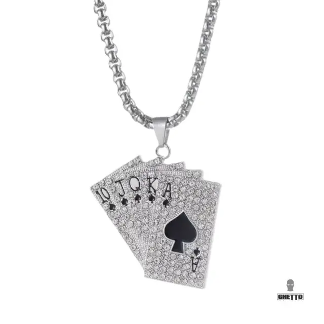 Ghetto Hip Hop Iced Trappola Cards Pendant Necklace Black