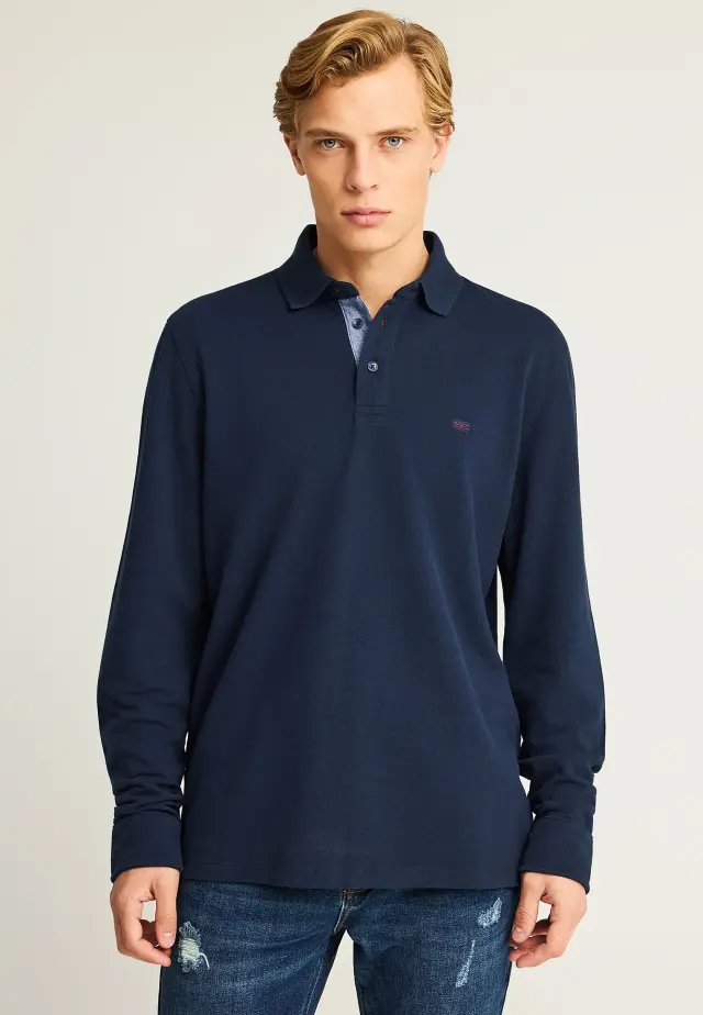 Funky Buddha Polo Long Sleeve Blouse Navy FBM012-001-11 - 3XL