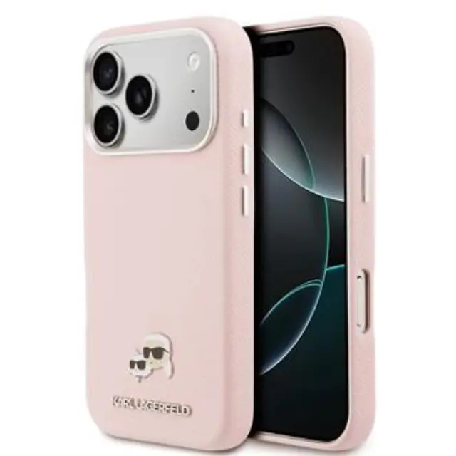 Karl Lagerfeld PU Karl and Choupette Heads Pins MagSafe Case for iPhone 17 Pro Pink