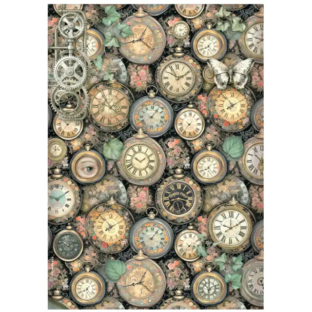 Ριζόχαρτο ντεκουπάζ Stamperia 21x29cm A4, Gardens of Time, Μικρά ρολόγια