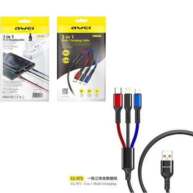 Awei CL-971 Braided USB to Lightning / Type-C / micro USB 1.2m 2.4A Cable (x24785) 3