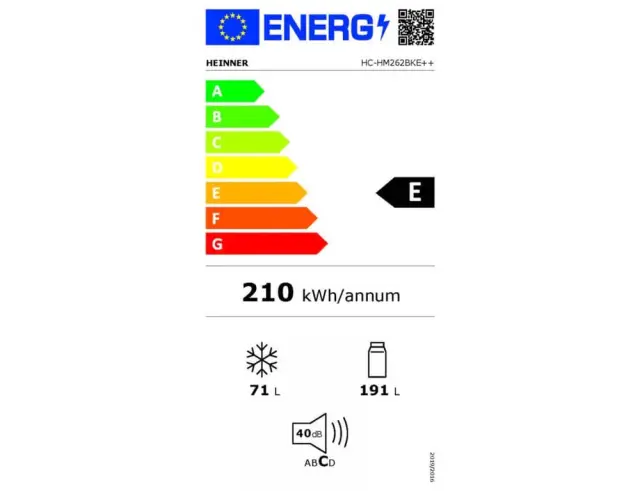 Ψυγειοκαταψύκτης Heinner HC-HM262BKE++ με Συνολική Χωρητικότητα 262L, Ενεργειακή Κλάση E και Ύψος 180cm HC-HM262BKE++
