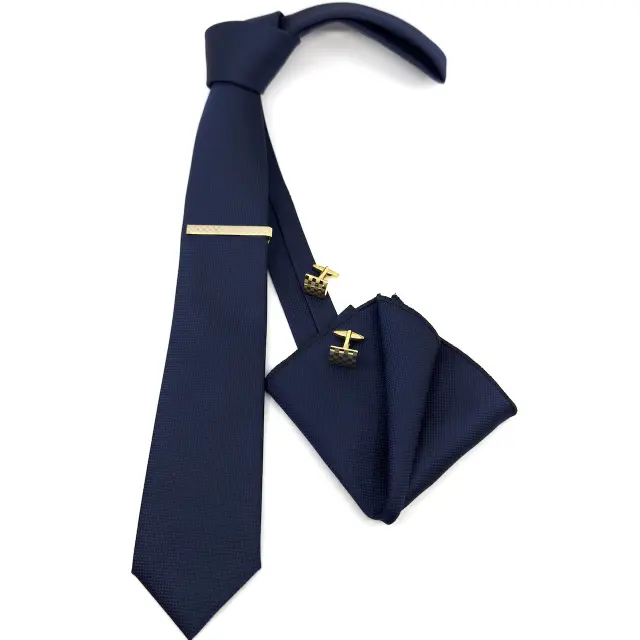 Μπλε Γραβάτα Oxford 6,5 cm με Ασορτί Μαντήλι 3