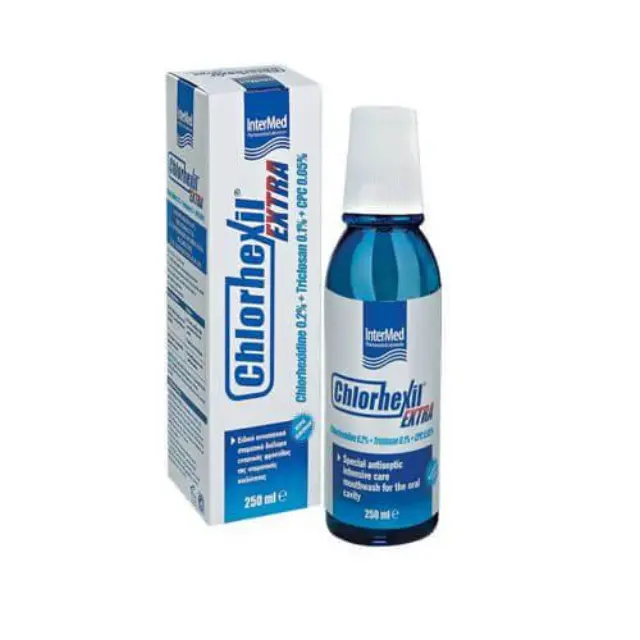 Intermed | Chlorhexil Extra |Στοματικό Διάλυμα Χλωρεξιδίνης 0,20% , Triclosan 0.1% , cpc 0.05% χωρίς οινόπνευμα | 250 ml