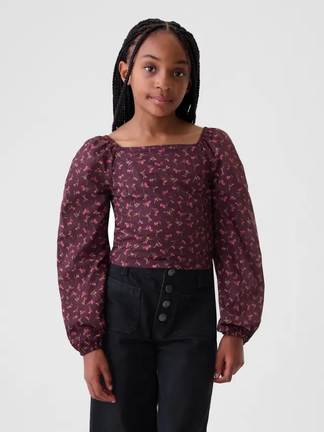 Κόκκινο Παιδικό Cropped Puff Sleeve Πουκάμισο Burgundy floral - M