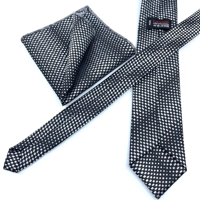 Ασημί - Μαύρη Σχεδιαστική Γραβάτα Microfiber Σετ με Μαντήλι 3