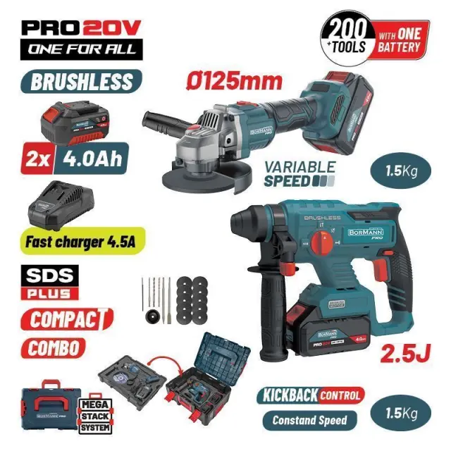 Bormann Pro BBP5303X44Τ2CA - Σετ Πνευματικό Brushless Σκαπτικό Μπαταρίας 20V & Γωνιακός Τροχός (085515)
